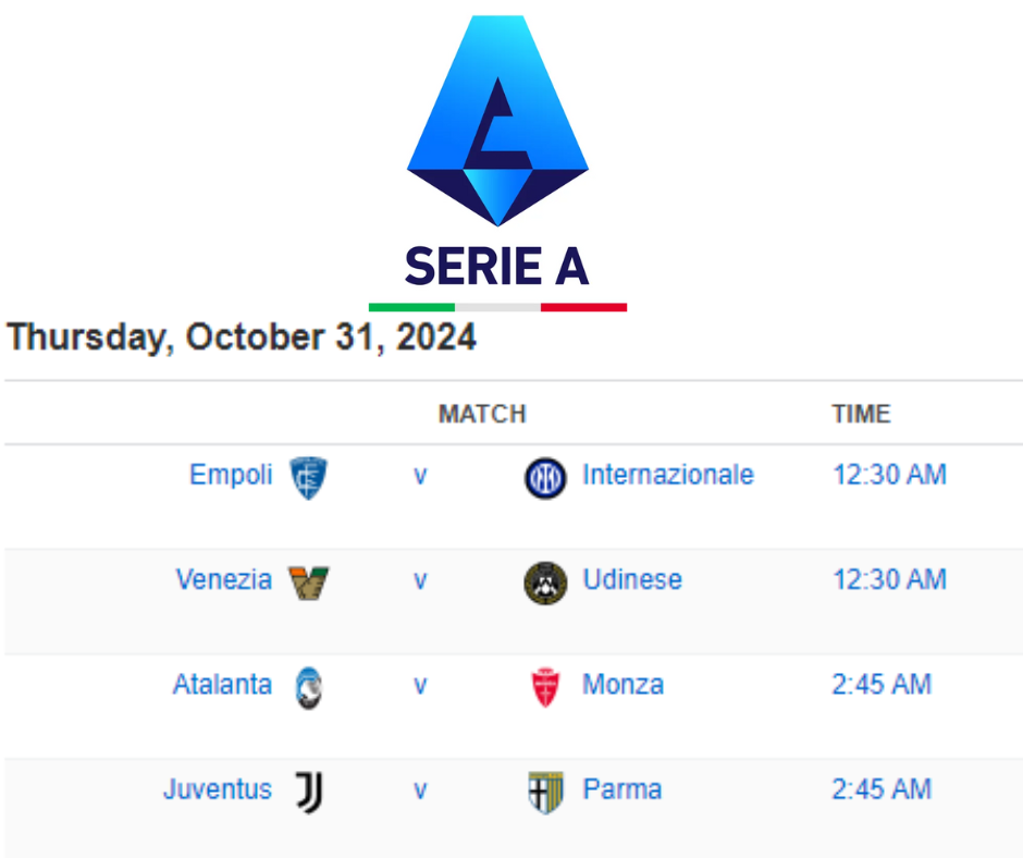 Serie A: Empoli vs Inter, Venezia vs Udinese, Atalanta vs Monza, Juventus vs Parma